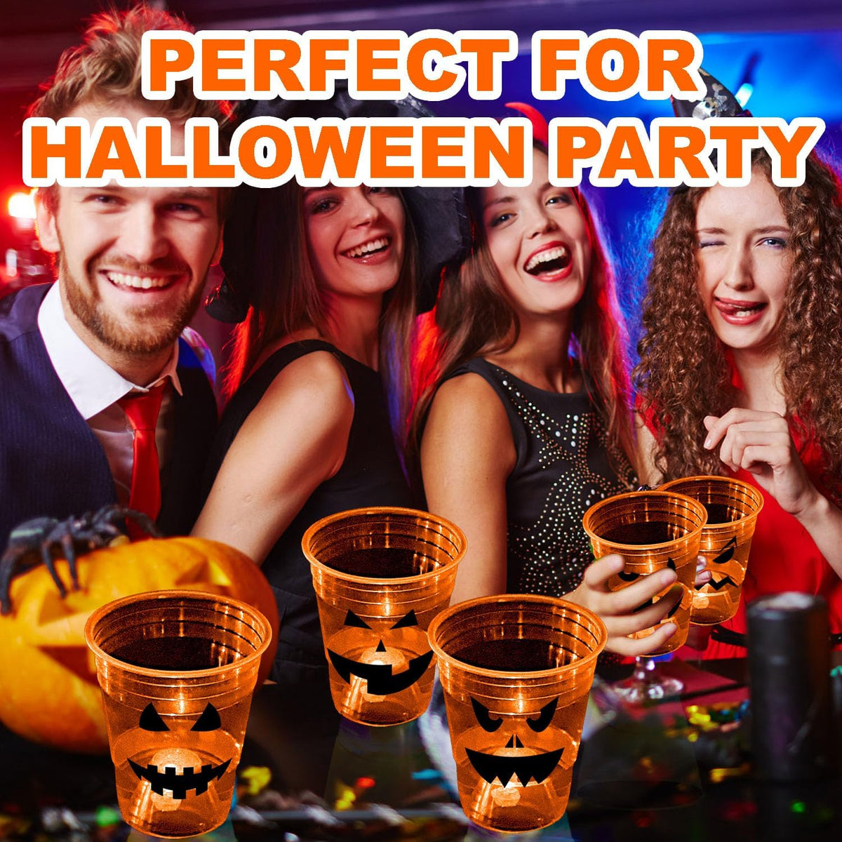 mishunyus 40 Pcs Halloween Glow Pumpkin Party Cups for Adults, 16 oz Orange Plastic Cups Reusable Party Cups for Halloween Party Night,Daytime Supplies Decorations