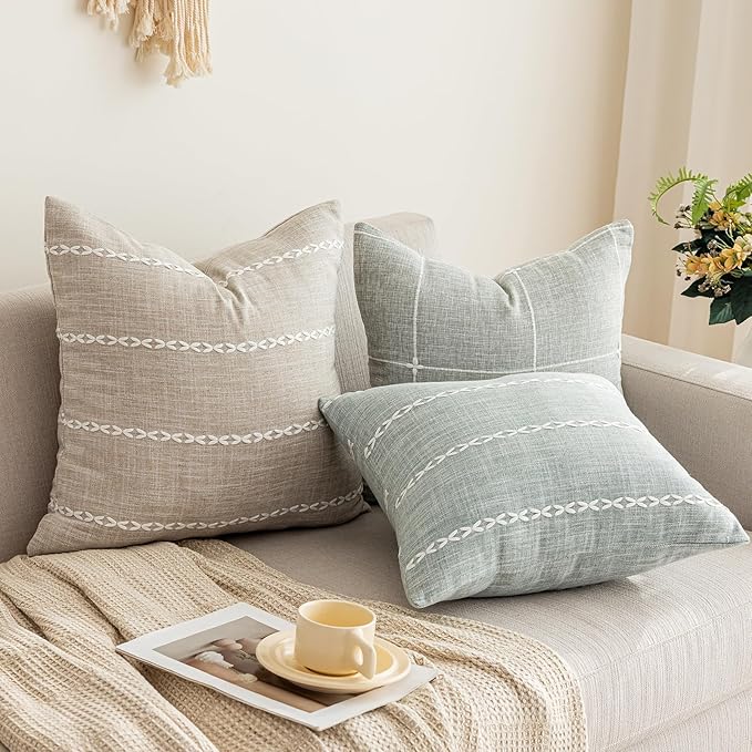vctops Rustic Striped Cotton Linen Decorative Throw Pillow Cover Embroidery - Image 4