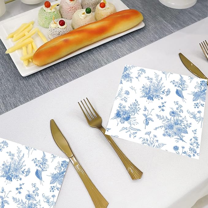 100 Pack Blue Floral Cocktail Napkins Blue and White Floral Toile Paper Napkins - Image 6