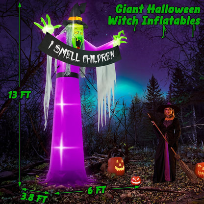 13FT Halloween Outdoor Inflatables, Large Scary Blow Up Witch Yard Decor