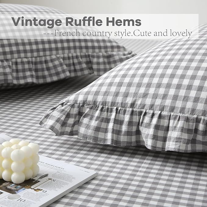 2 Pack Grey White Plaid Ruffle Gingham King Size Pillow Shams, 100% Washed - Image 5