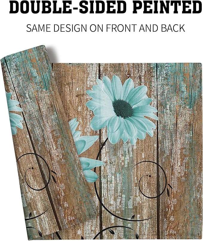 Giwawa Rustic Daisy Placemats Set of 4- Teal Sunflowers on Vintage Wood Board - Image 5