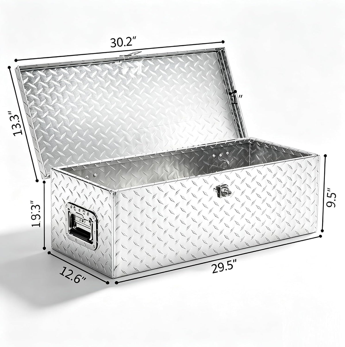 tuffiom 30" aluminum truck bed tool box, heavy, close-up detail