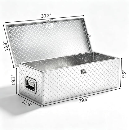 tuffiom 30" aluminum truck bed tool box, heavy, close-up detail