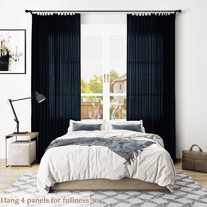 Navy Blue Pinch Pleated Linen Curtains 84 Inch Length 2 Panels - Image 6