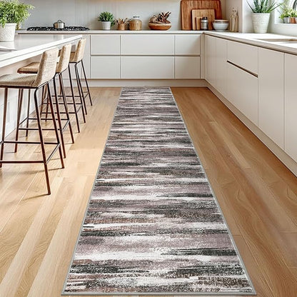 Modern Abstract Runner Rug 2.6x12, Dark Light Brown White Washable Long Kitchen - Image 2