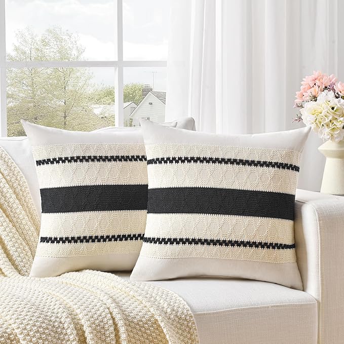 Fancy Homi Set of 2 Boho Black Decorative Throw Pillow Cover 22x22 Inch by Fancy+Homi