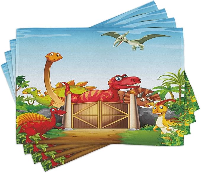 Ambesonne Dino Place Mats Set of 4, Cartoon Style Dinosaurs in a Dino Park by Ambesonne