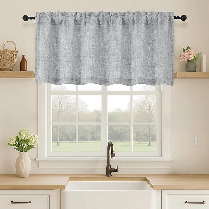 OVZME Grey Valance for Windows, Light Filtering Faux Linen Textured Small by OVZME