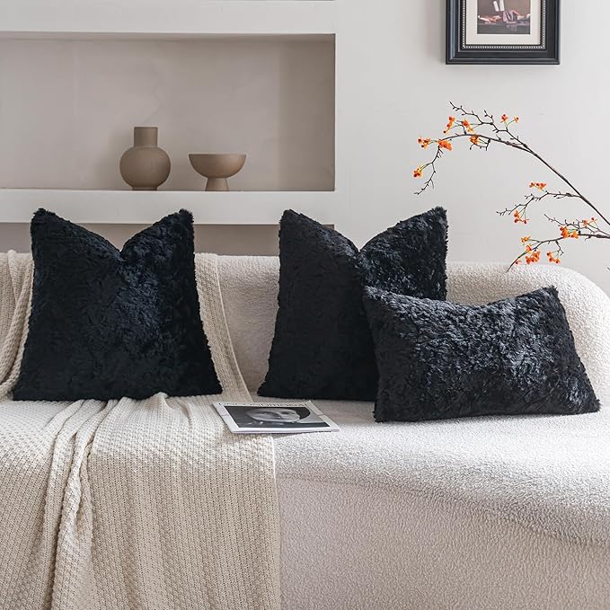 Neelvin Set of 2 Faux Fur Throw Pillow Covers 18x18 Inch Black Cozy Soft Solid - Image 4
