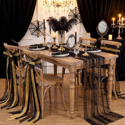 Pearl Gauze Tulle Table Runner Black Halloween 120 Inch 10FT Sheer Dining