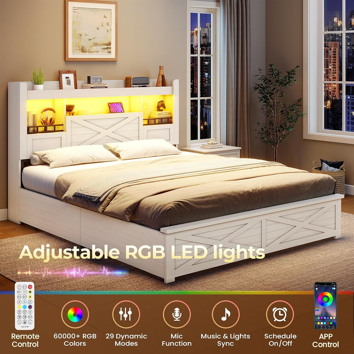viagdo farmhouse queen bed frame with flip-down bookcase showing dimensions