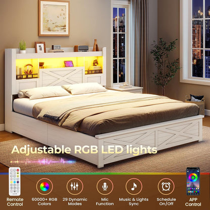 viagdo farmhouse queen bed frame with flip-down bookcase showing dimensions