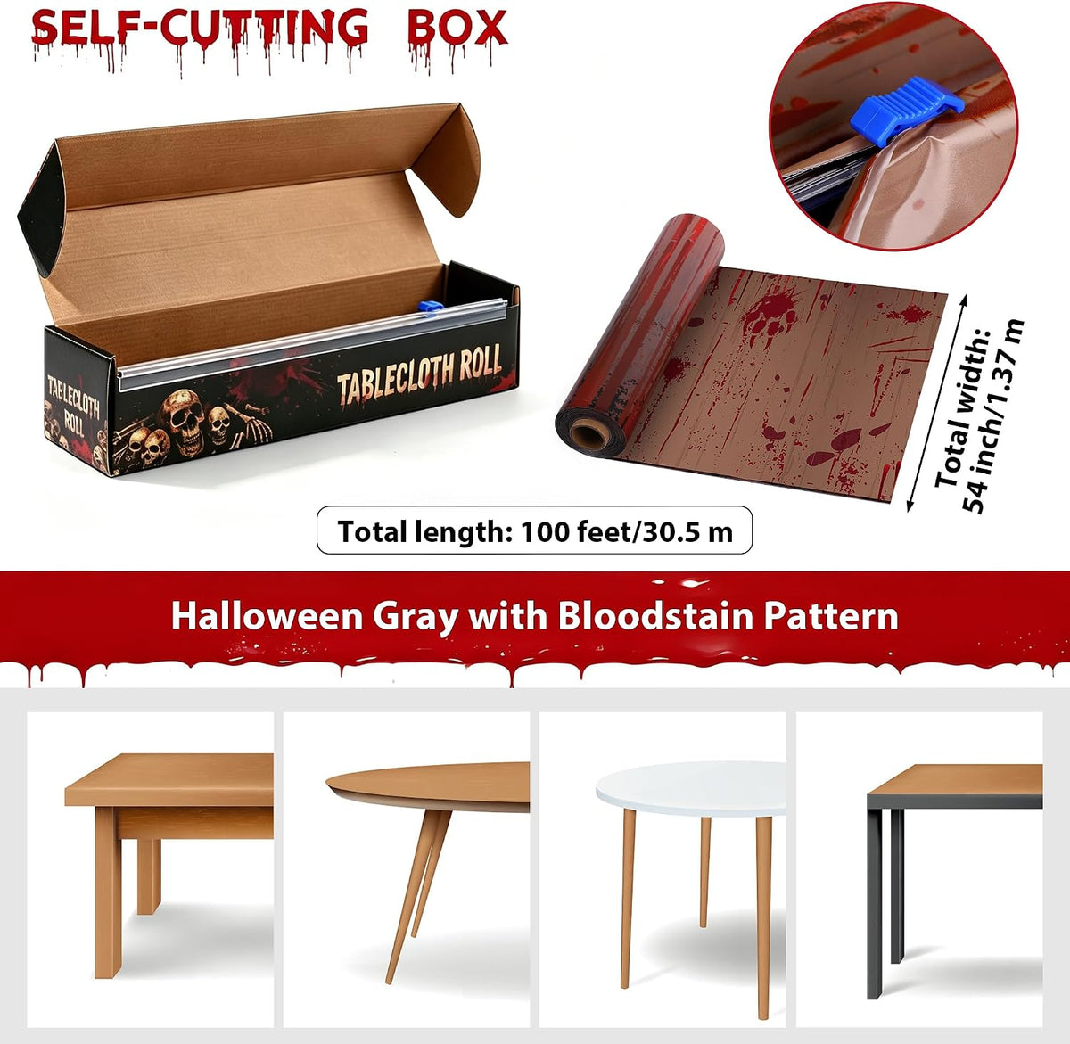 Kochorie 100 Ft x 54 Inch Halloween Bloody Party Tablecloth Roll with Cutter Box Waterproof Plastic Horror Bloody Zombie Table Cover for Halloween Spooky Party Decorations, Gray
