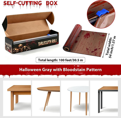 Kochorie 100 Ft x 54 Inch Halloween Bloody Party Tablecloth Roll with Cutter Box Waterproof Plastic Horror Bloody Zombie Table Cover for Halloween Spooky Party Decorations, Gray