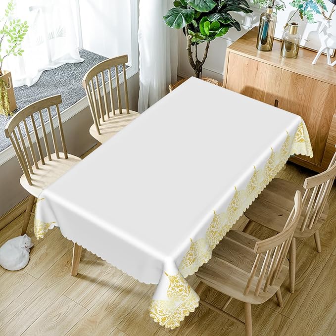 54x70inches White Rectangle Table Cloth Gold Floral Border Printed Decorative - Image 5