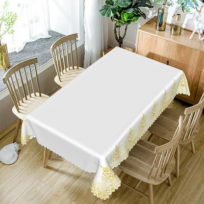 60x84inches White Rectangle Table Cloth Gold Floral Border Printed Decorative - Image 5