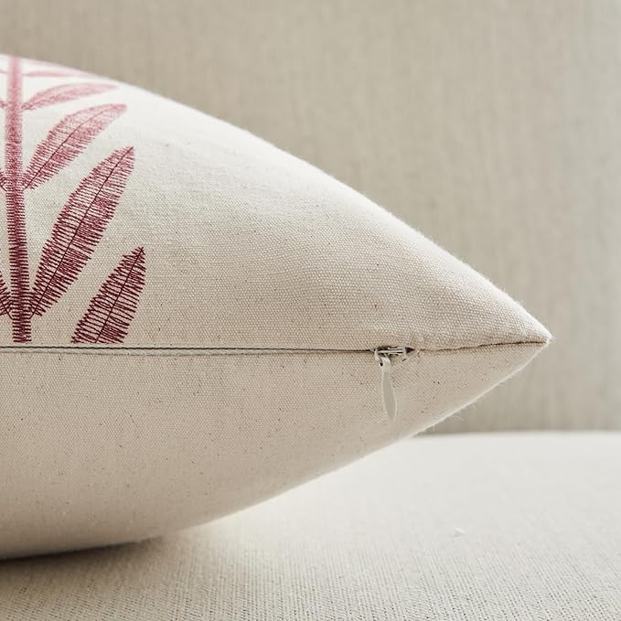 100% Cotton Farmhouse Leaves Throw Pillow Covers Set of 2, 20x20 Inch Burgundy - Image 3