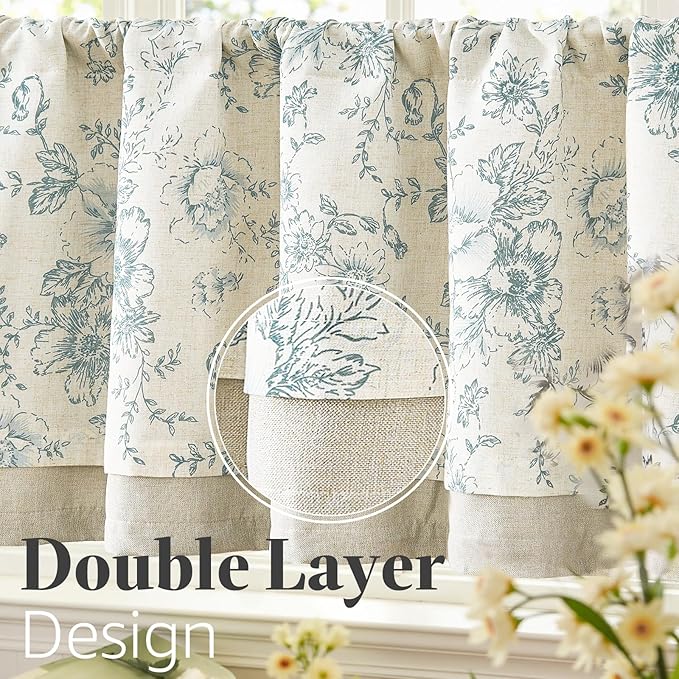 jinchan Linen Kitchen Curtain 36 Inch French Floral Double Layer Curtain - Image 7