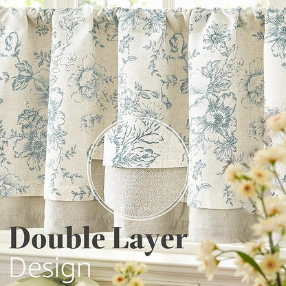 jinchan Linen Kitchen Curtain 24 Inch French Floral Double Layer Curtain - Image 7