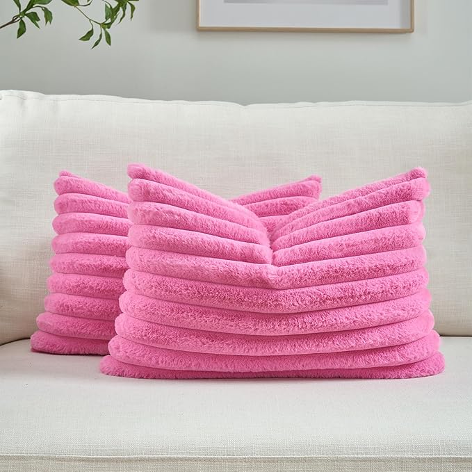FUTEI Hot Pink Throw Pillow Covers Set of 2, 12x20 Inch Striped Texture Lumbar by FUTEI