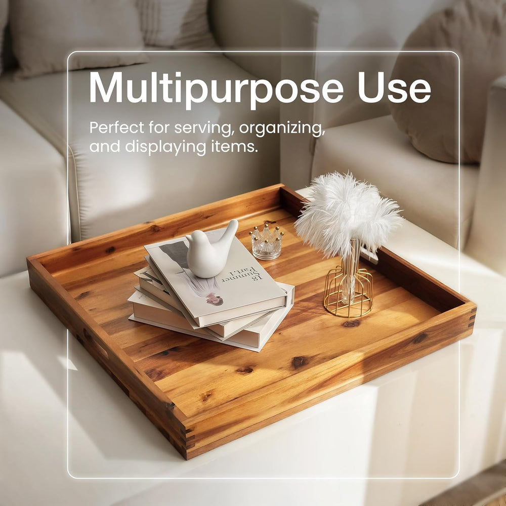 TIDITA 24" x 24" Square Wooden Ottoman Tray, Built-in Handles, Serv...