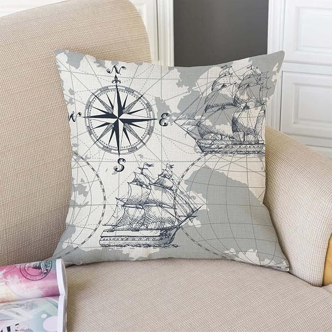 TSSOHU Nautical Sailboat Map Throw Pillow Cover Ship Anchor Cotton Linen - Image 2