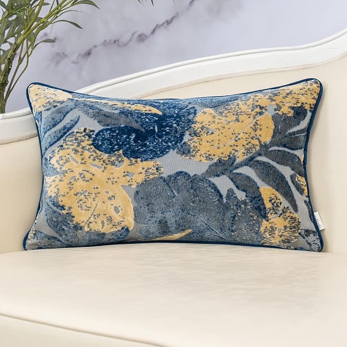 Yangest Blue Leaf Rectangle Pillow Cover Cut Velvet Cushion Cover Luxury Modern by Yangest