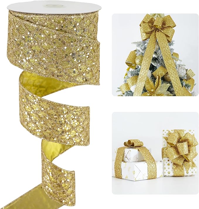 HUIHUANG Gold Glitter Wired Ribbon by HUIHUANG