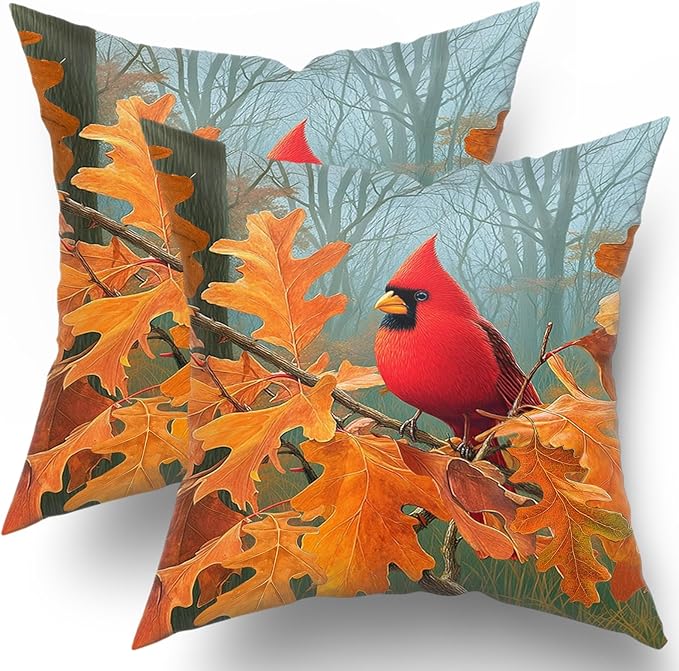 Fall Cardinal Throw Pillow Covers 22x22 Inch Set of 2 Red Bird Maple Leaves by Granbey