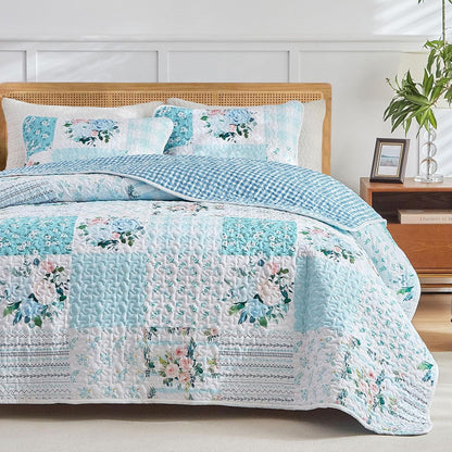 joyreap 3 pieces floral patchwork quilt set queen, close-up detail