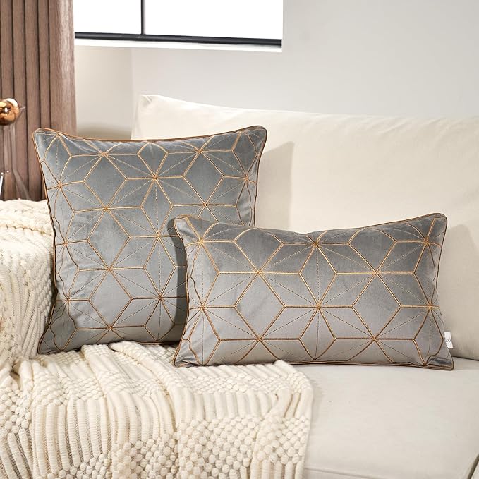 Aeckself Grey Geometric Throw Pillow Cover 18x18 Inch, Soft Velvet Gold Plaid - Image 4