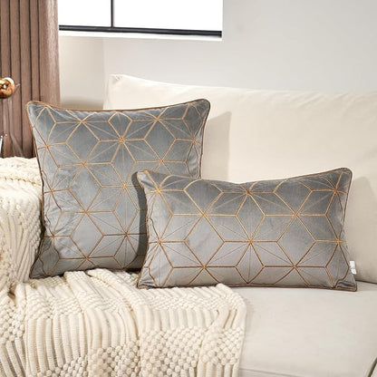 Aeckself Grey Geometric Throw Pillow Cover 18x18 Inch, Soft Velvet Gold Plaid - Image 4