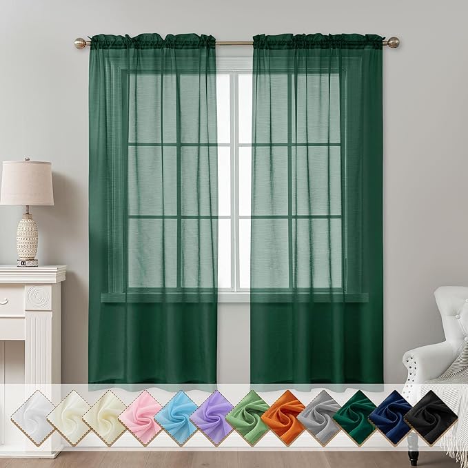 Green Sheer Curtains 72 Inches Long, Privacy Semi Sheer Curtains by ABLUEN