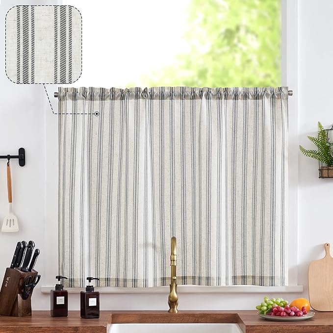 jinchan Striped Kitchen Curtain Linen Farmhouse Cafe Curtain 24 Inch Tiers by JINCHAN