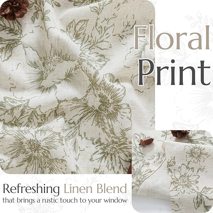 JINCHAN Floral Linen Tier Curtains Floral Sage on Beige Cafe Curtains 24 Inch - Image 7