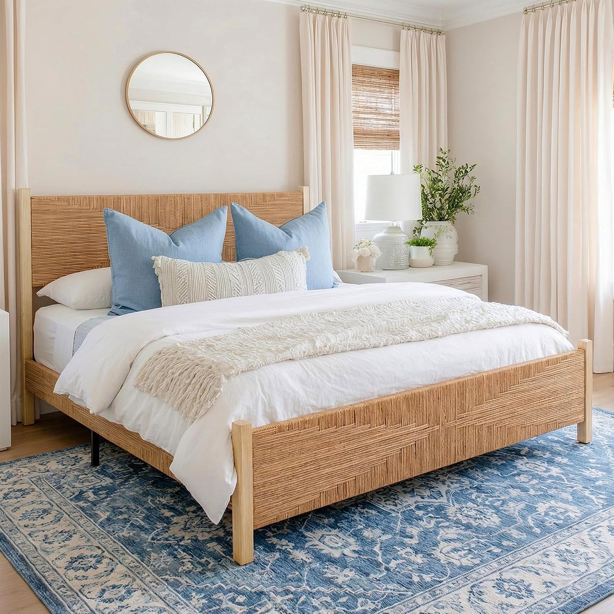yechen solid wood rattan king bed frame with, main product view