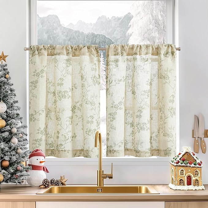 jinchan Floral Kitchen Curtains 30 Inch Linen Tier Curtains Christmas Decor by JINCHAN