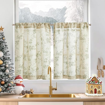 jinchan Floral Kitchen Curtains 30 Inch Linen Tier Curtains Christmas Decor by JINCHAN