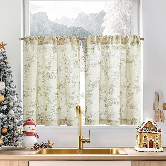 jinchan Floral Kitchen Curtains 30 Inch Linen Tier Curtains Christmas Decor by JINCHAN