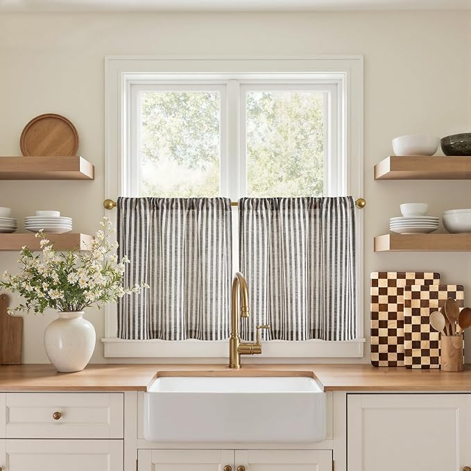 jinchan Striped Linen Kitchen Curtains 20 Inches Length Tier Curtains Farmhouse by JINCHAN