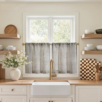 jinchan Striped Linen Kitchen Curtains 20 Inches Length Tier Curtains Farmhouse by JINCHAN