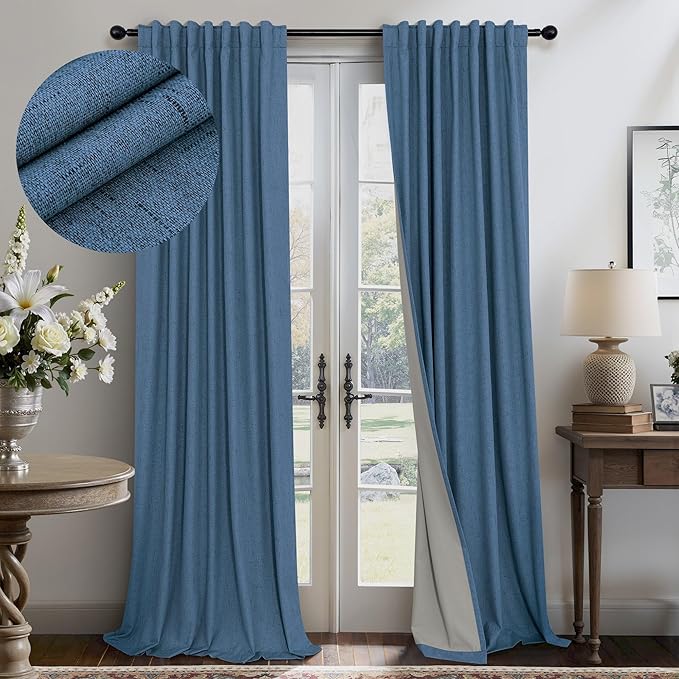 Denim Blue Blackout Curtains & Drapes 84 Inch Length 2 Panels Set Faux Linen by Pitalk