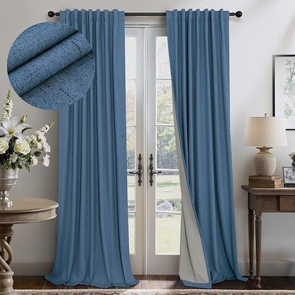 Denim Blue Back Tab Blackout Curtains 108 Inches Long 2 Panel Set Cotton Linen by Pitalk