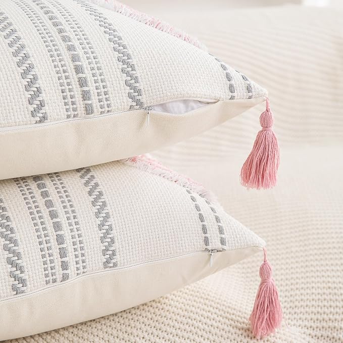 Boho Throw Pillow Covers 12x20 Set of 2 Cotton Woven Tufted Farmhouse Lumbar - Image 2