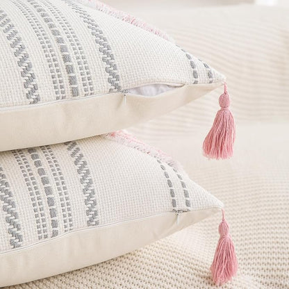 Boho Throw Pillow Covers 12x20 Set of 2 Cotton Woven Tufted Farmhouse Lumbar - Image 2