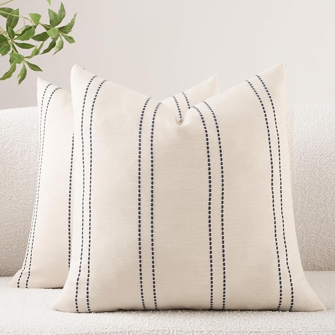Decorative Throw Pillow Covers 20x20 Inch Set of 2 Linen Striped Accent Neutral by HOMFINER