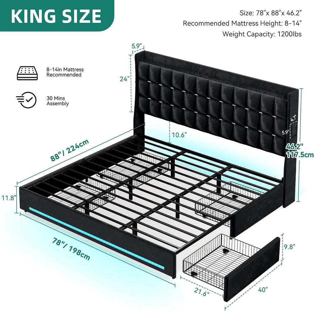 DWVO King Size Bed Frame, 4 Drawers and RGB LED Light,Charging Station