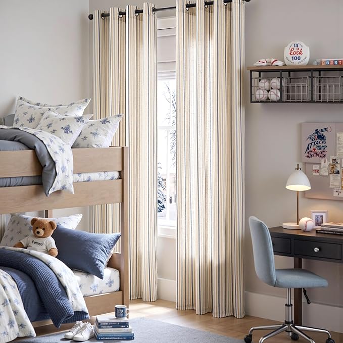 Vangao Linen Striped Blue Curtains Boho Tickingstripe Light Filtering Nursery - Image 3