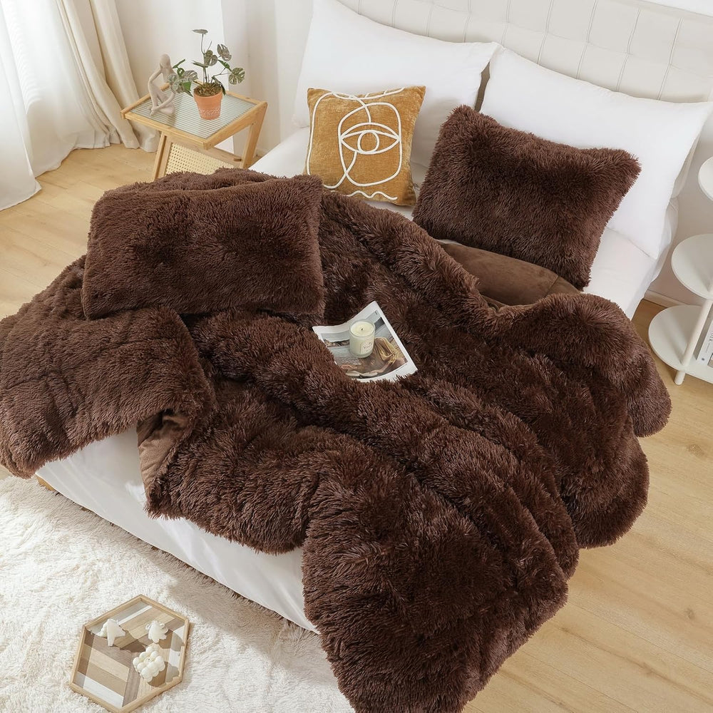 Smoofy Fluffy Queen Comforter Set, Brown Faux Fur Comforter Set 3 Pieces